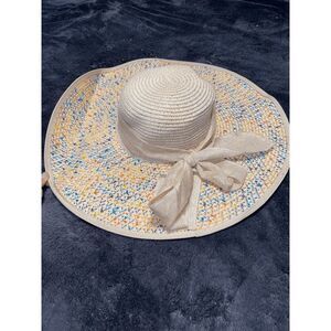 Lucky 7 USA Beige w/Yellow, Orange, Blue, Straw Floppy Bow Sun Hat